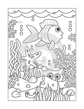 Sea life coloring page with fish, starfish, other underwater creatures, algae, seabed