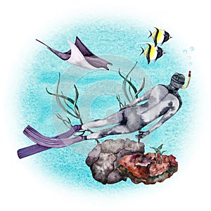 Sea life composition with a diver, coral reef, seaweed, marine animals and tropical fishes. Watercolor illustration on white