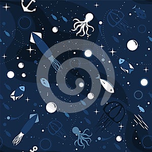 Sea life cute blue seamless pattern