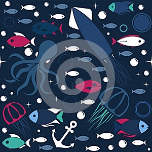 Sea life cute blue seamless pattern