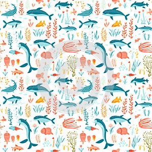 Sea life fish swimming underwater with coral reef. Seamless vector pattern sea animals, seashells, plants drawn Generative AI