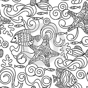 Sea life hand drawn doodle Seamless pattern . Marine vector motif . Underwater world, waves, shells, fish and algae. For