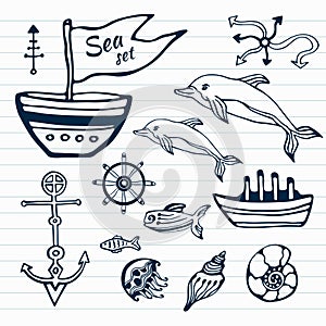 Sea life hand drawn doodle set. Nautical sketch collection with ship, dolphin, shells, fish anchors and helm