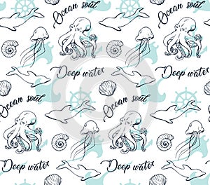 Sea life hand drawn pattern with octopus on white