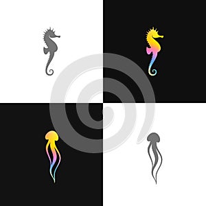 Sea life icon set. Abstract seahorse and jellyfish