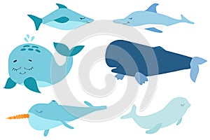 Sea life, marine animals set in flat style isolated on white background. Vector illustration