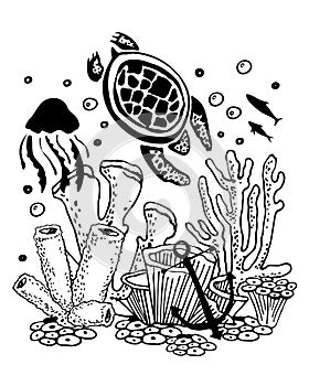 Sea life scene. Turtle, jellyfish, corals. Hand drawn outline vector sketch illustration