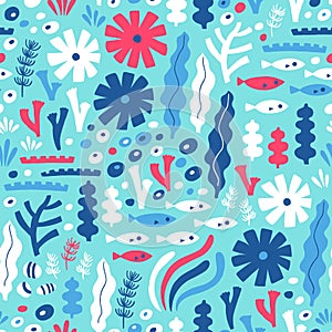 Sea life seamless pattern with fish and water plant. Vector illustration.