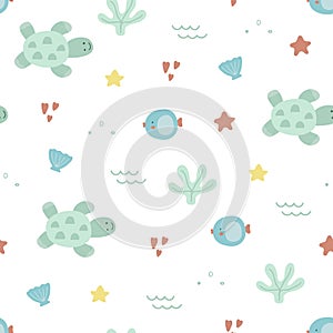 Sea life seamless pattern. Hand drawn unique marine life objects. Save the ocean texture. Doodle underwater seascape in