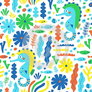 Sea life seamless pattern with sea horse, fish and water plant.