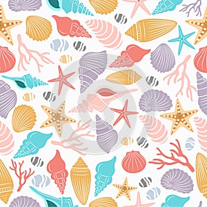 Sea life seamless pattern with shell and starfish