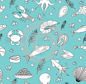 Sea life seamless pattern. Underwater endless background, texture. Hand drawing, sketch, line, doodle style. Vector