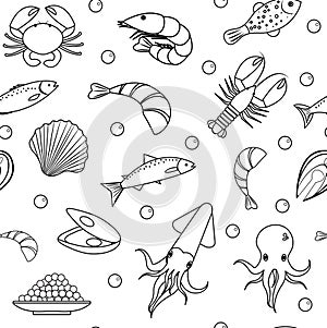 Sea life seamless pattern. Underwater endless background, texture. Hand drawing, sketch, line, doodle style. Vector