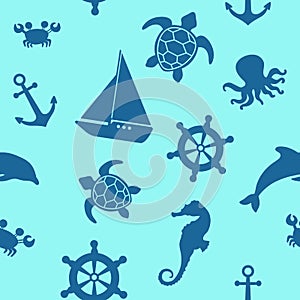 Sea life seamless pattern. Vector illustration of seahorse, turtle, octopus and boat. Marine seamless pattern for boy