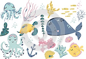 Sea life. Set with funny sea animals. Vector collection.