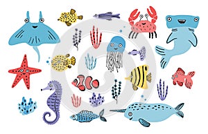 Sea life set. Hand drawn algae, blowfish, jellyfish, crab, hammerhead shark, whale, starfish, shark, seahorse, manta ray