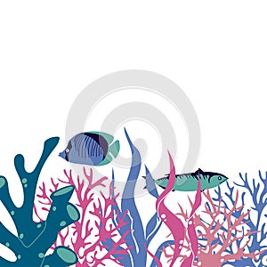 Sea Life with Underwater Algae and Fish Floating Vector Composition