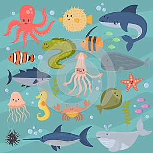 Sea life underwater cartoon animals cute marine characters fish aquarium tropical aquatic vector illustration.