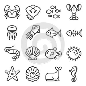 Sea Life Vector Line Icon Set. Contains such Icons as Octopus, Seahorse, Puffer Fish, Pearl and more. Expanded Stroke photo