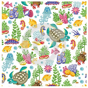 Sea life wallpaper. Underwater world seamless pattern. Fish, crabs, turtles, algae vector