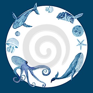 Sea life watercolor blue monochromatic round frame isolated on white. High quality hand-drawn wreath. Great for textile