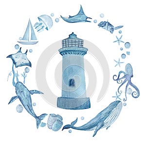 Sea life watercolor hand-drawn blue monochromatic round frame composition with a lighthouse isolated on white.