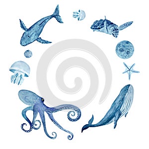 Sea life watercolor hand-drawn blue monochromatic round frame isolated on white.