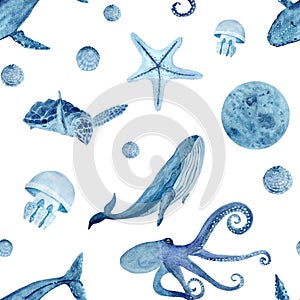Sea life watercolor hand-drawn blue monochromatic seamless pattern isolated on white.