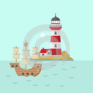 Sea with lighthouse on rock stones island. ship on water. Nature or marine design. Flat style. Vector sky background.