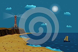 Sea, lighthouse and sailboat. Landscape with beacon on cliff at night.