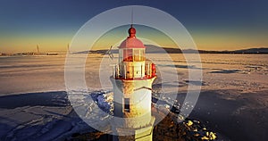 Sea Lighthouse on the Tokarevskaya Koshka rock spit, in winter