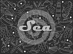 Sea line art design raster illustration chalky