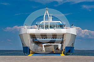 Sea Lines ferry moored at a quay in Thasos island, Greece, the Aegean sea, travelling, passenger transportation