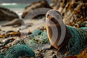 Sea lion on polluted beach Ai photo