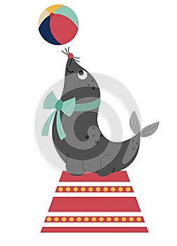 Sea lion on a stand with a ball. Vector circus animal. Amusement holiday icon. Cute funny festival character clip art. Street show