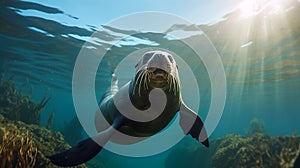 Sea lion swimming underwater. A beautiful sea lion seal enjoying the rays of the sun. generative ai