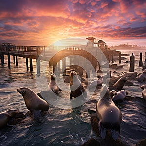 Sea lions and seals on the pier in Monterey, California  Made With Generative AI illustration