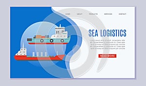 Sea logistics cargo ship web vector template illustration. Seagoing freight transport with loaded container ship. Global