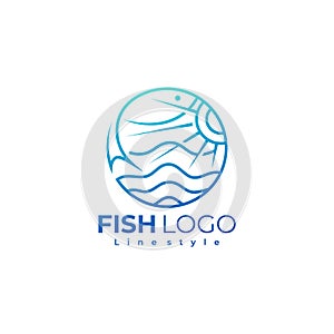 Sea logo and fish design vector, simple line design, ocean