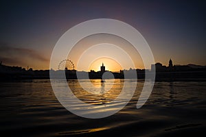 Sea Malaga Harbor City Panorama with sunset at night