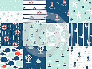 Sea marine nautical ocean symbols seamless patterns elements