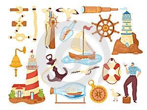 Sea marine and ocean elements collection, nautical vector illustrations icons set. Marine adventure equipment.