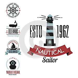 Sea marine vector nautical logo icons sailing themed label or with ship ribbons travel element graphic badges