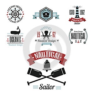 Sea marine vector nautical logo icons sailing themed label or with ship ribbons travel element graphic badges