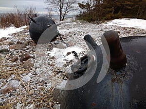 Sea mines on the shore of the Baltic Sea winter juminda peninsula in Estonia Tallinn Estland