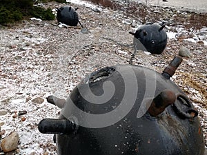 Sea mines on the shore of the Baltic Sea winter juminda peninsula in Estonia Tallinn Estland