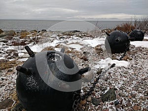 Sea mines on the shore of the Baltic Sea winter juminda peninsula in Estonia Tallinn Estland