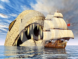 Sea Monster with Sailing Ship