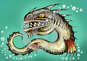 Sea monster water dragon fish mutant. Scary deep demon. Color illustration.