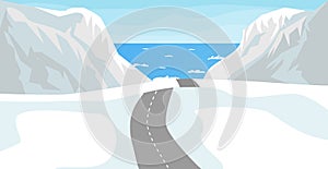 Sea, mountain and road winter landscape vector illustration. Nature background. Highway to the ocean.